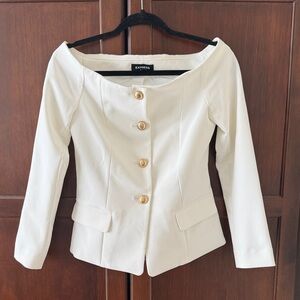 Express White Off-Shoulder Blazer with Gold Buttons